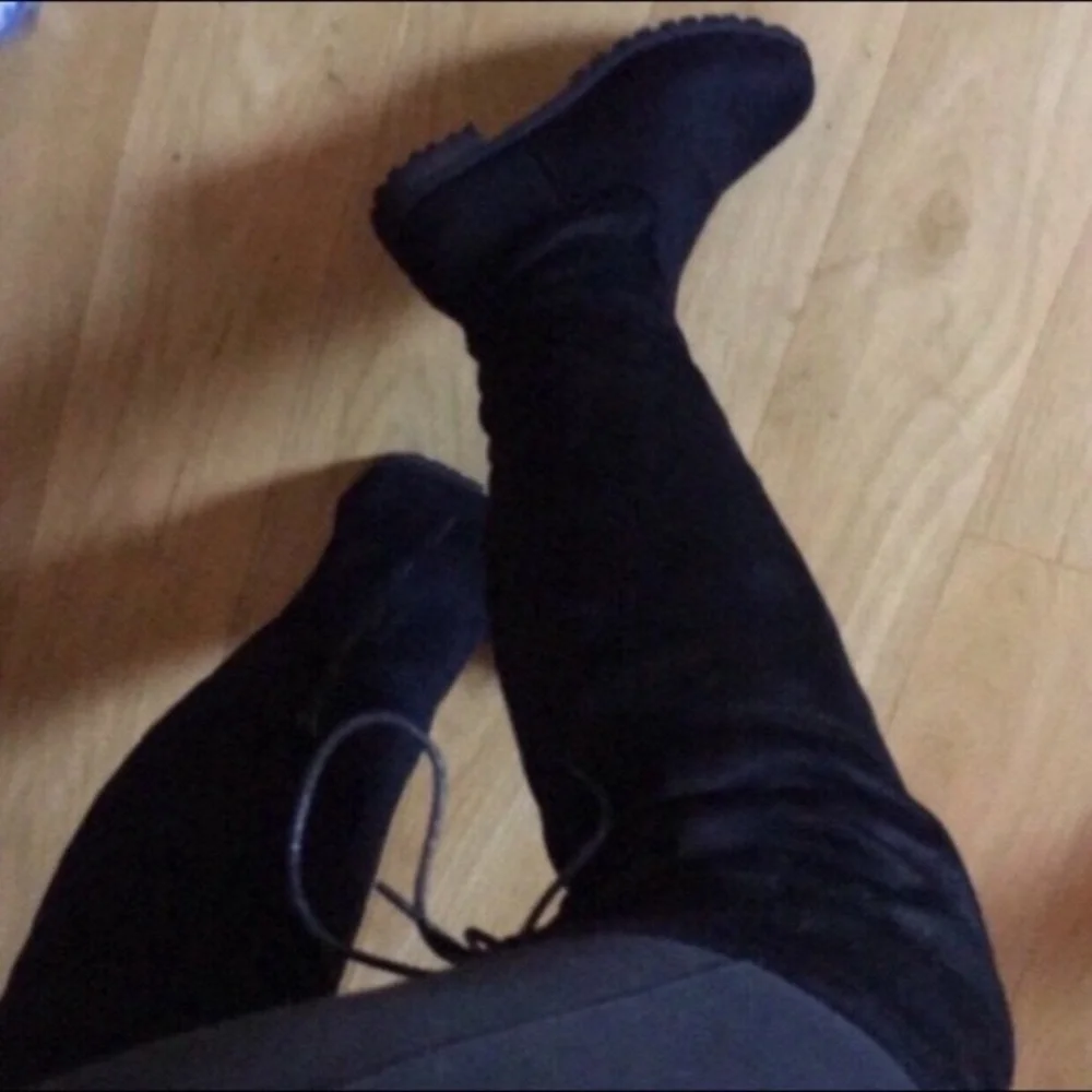Black faux suede women tall boots drawstring black